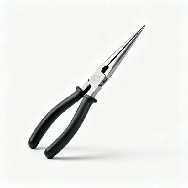 A pair of long nose pliers with slim tapering jaws and insulated handles