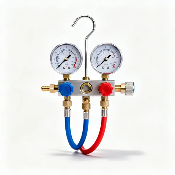 An hvac manifold gauge set with two round gauges, blue and red hoses and valve knobs