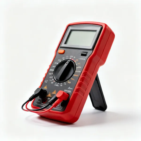 A digital multimeter with an LCD display, rotary dial and two test leads