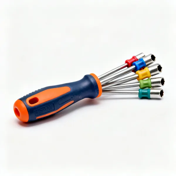 Nut driver set: A set of nut drivers with coloured plastic handles and hollow hex socket ends