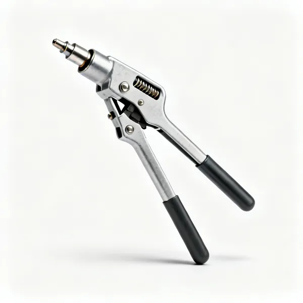 Hand riveter: A hand pop rivet gun with two long handles, a nosepiece and a rivet loaded