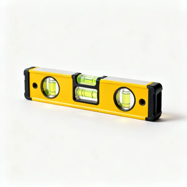 Torpedo level: A short magnetic torpedo spirit level with three vials and a yellow body