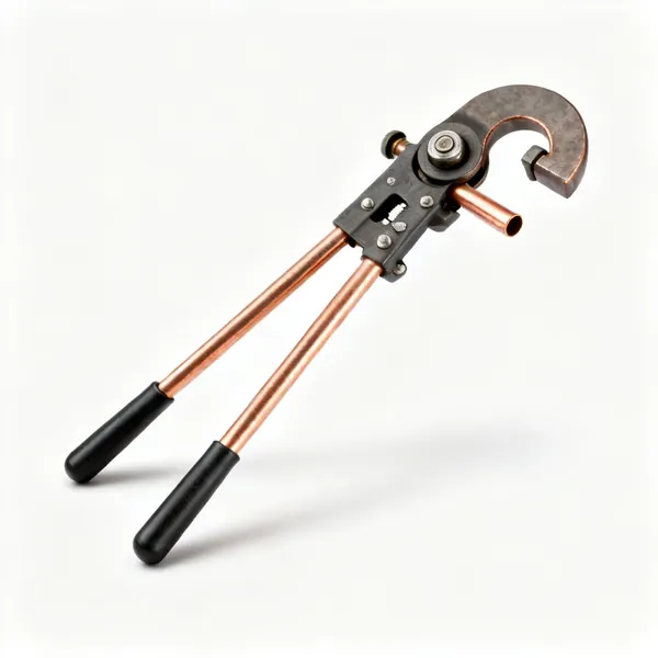 Lever tube bender: A lever type copper tube bender with two long handles, a curved former and a guide roller