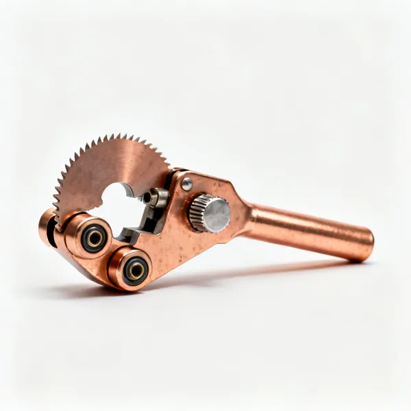 A copper tube cutter with a cutting wheel, two rollers and a knurled adjusting knob