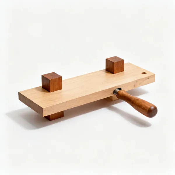 A wooden bench hook, a flat board with a raised wooden stop block at each end on opposite faces