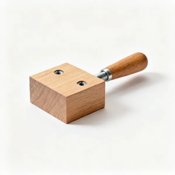 A wooden bench stop, a small rectangular hardwood block with two countersunk screw holes
