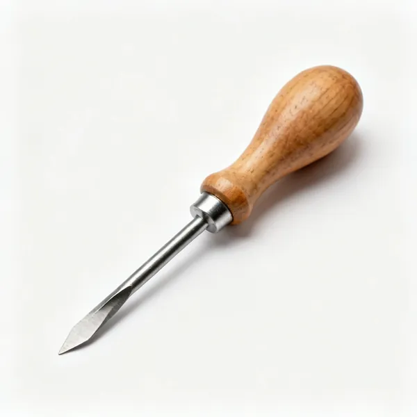 A bradawl with a wooden bulb handle and a short flat chisel edged steel point
