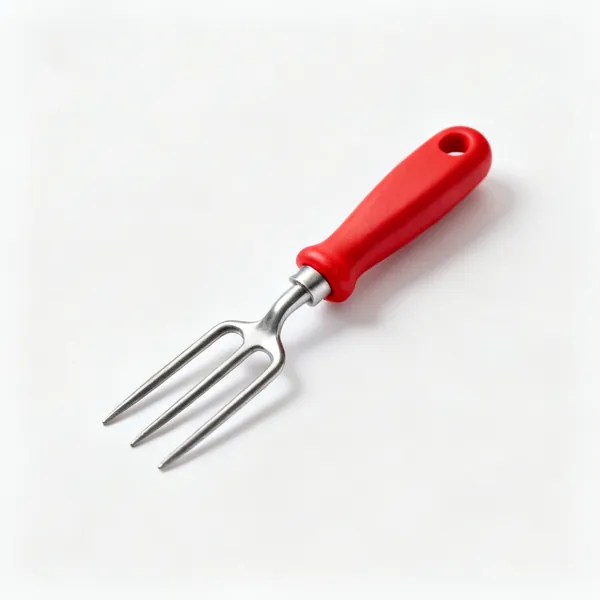 Child's hand fork: A small hand fork with three short steel tines and a red moulded handle