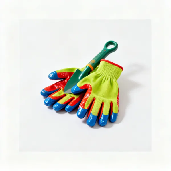 Child's gardening gloves: A pair of small brightly coloured childrens gardening gloves with coated palms