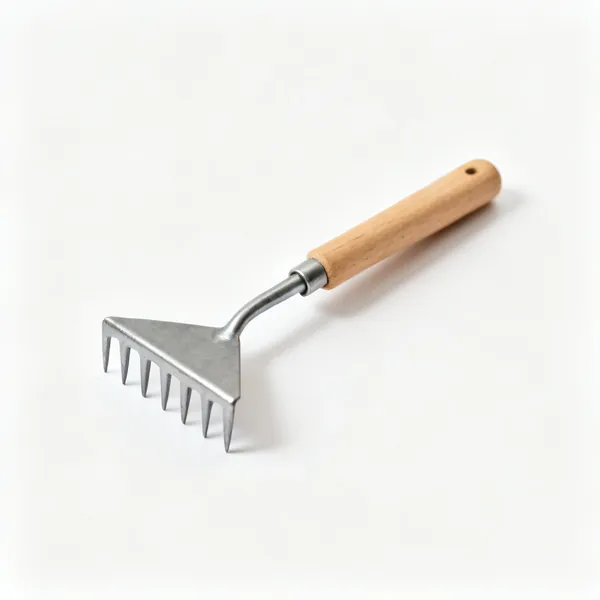Child's rake: A small childs garden rake with a narrow steel head and a short wooden shaft