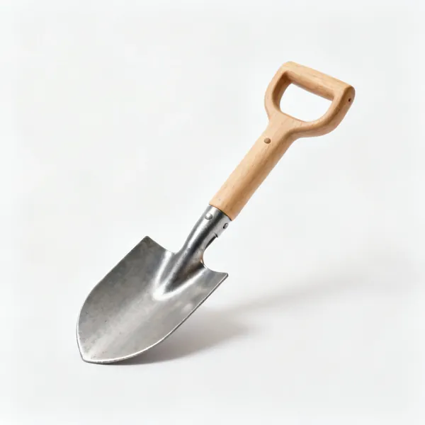 Child's spade: A small childs garden spade with a steel blade and a short wooden shaft with a D handle