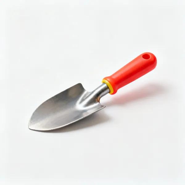 Child's trowel: A small childs garden trowel with a steel blade and a short brightly coloured handle