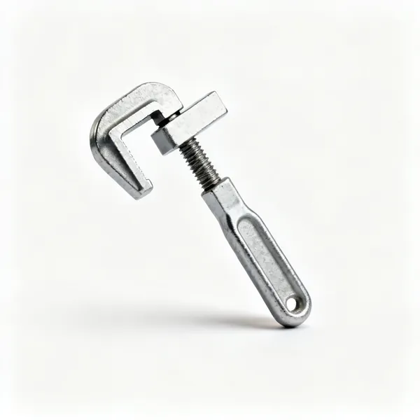 Small F clamp: A small steel F clamp with a sliding jaw on a flat bar and a screw handle