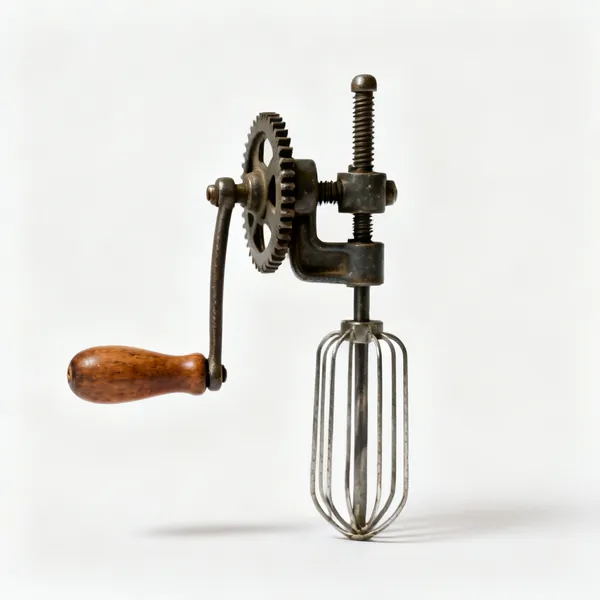 A vintage style eggbeater hand drill with a wooden handle, side crank and gear wheel