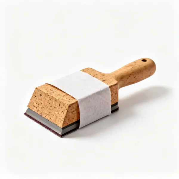 A cork sanding block with a sheet of abrasive paper wrapped around it