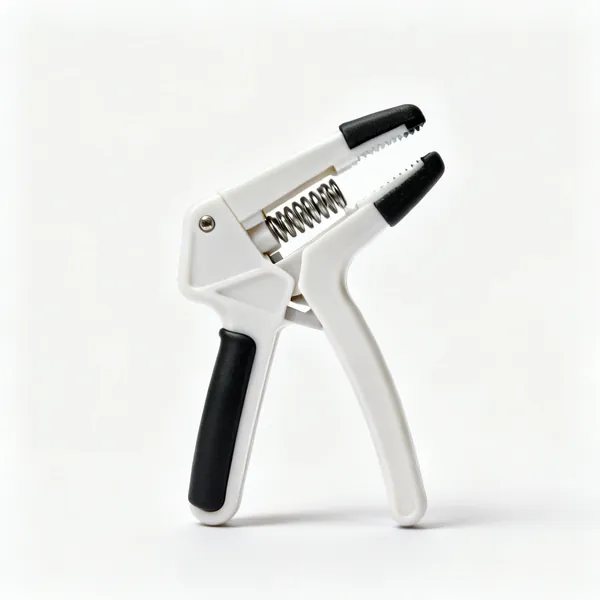 Spring clamps: A plastic one handed spring clamp with rubber tipped jaws and a coil spring