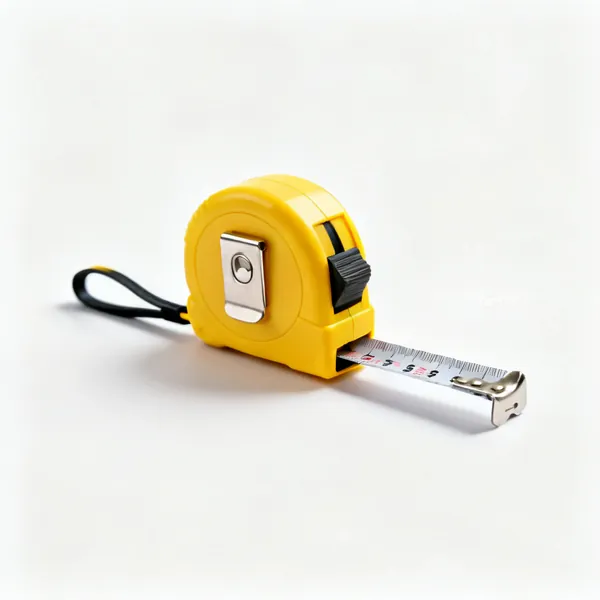 Small tape measure: A small compact tape measure with a yellow case, belt clip and locking button