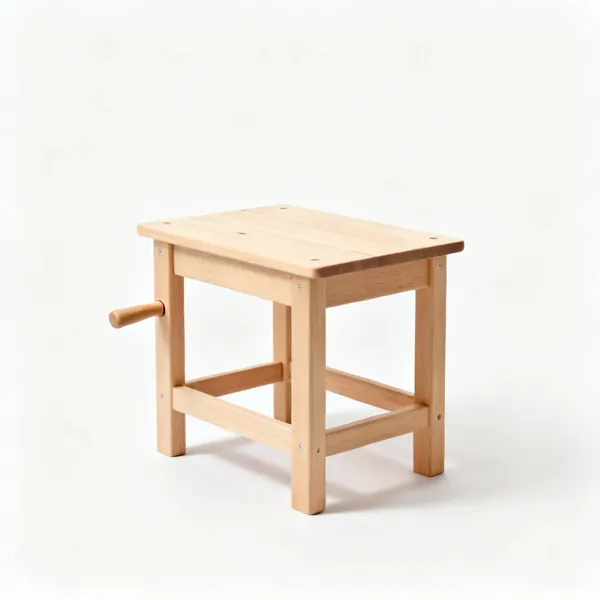 Child height workbench: A small wooden childrens workbench with a flat top and four sturdy legs