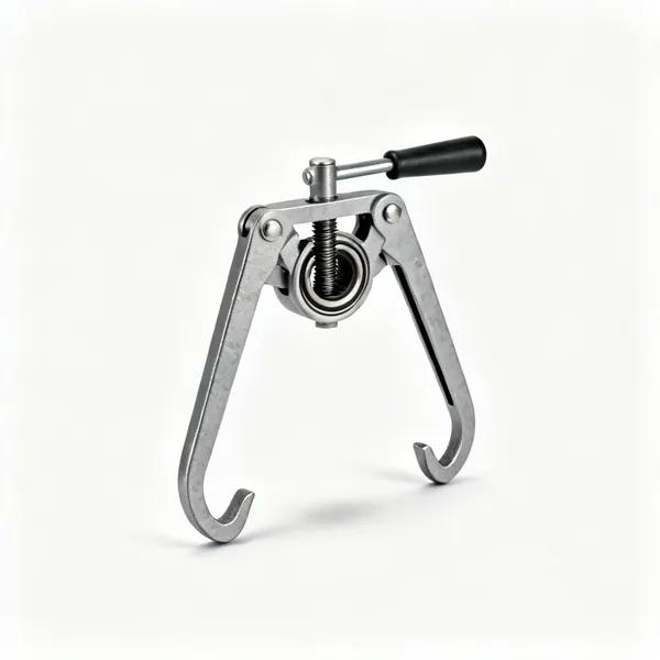 Two leg puller: A two leg bearing puller with hooked arms and a central threaded forcing screw