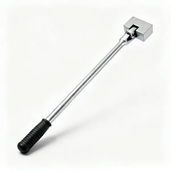 A long steel breaker bar with a hinged square drive head and a rubber grip