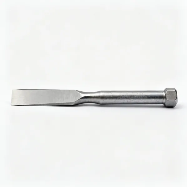 A steel cold chisel with a flat wide cutting edge and a struck hex body