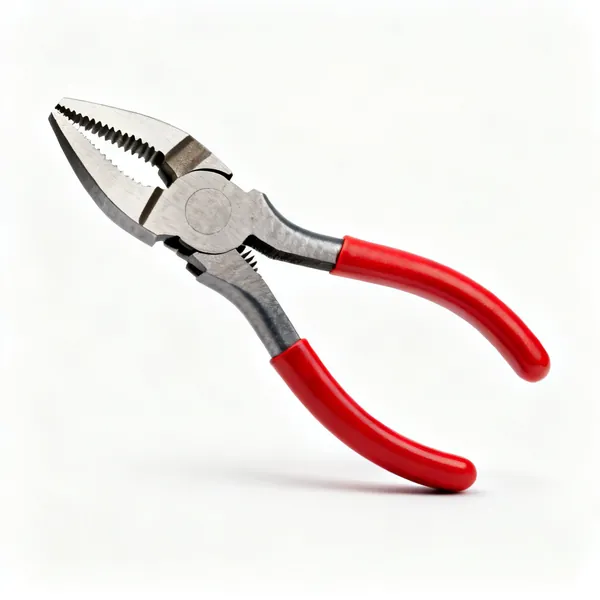A pair of combination pliers with serrated flat jaws, a curved gripping section and red insulated handles