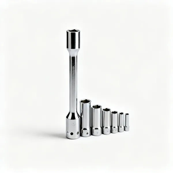 Deep sockets: A set of long deep chrome sockets of graduated sizes standing upright in a row