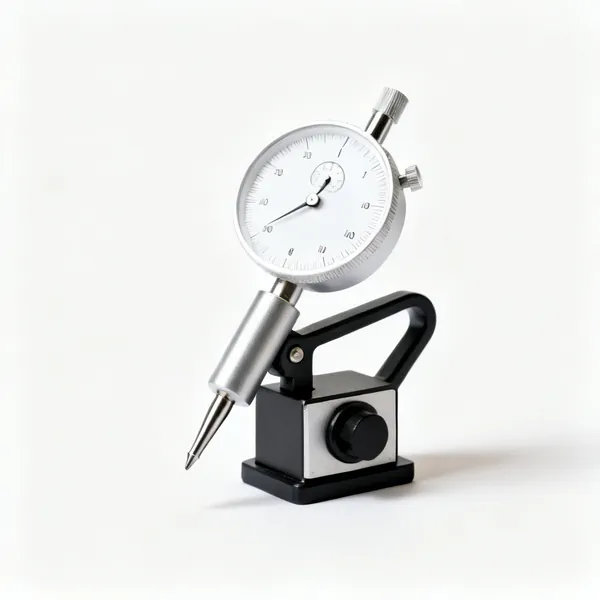 Dial indicator: A dial test indicator gauge with a round white dial, plunger tip and magnetic base