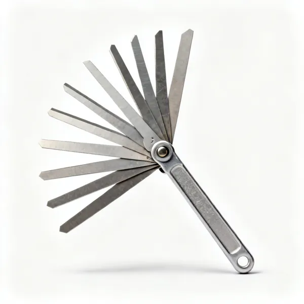 A set of feeler gauges, a fan of thin steel blades of graduated thickness on a pivot