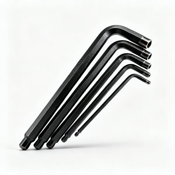 Hex key set: A set of black hex allen keys of graduated sizes fanned out in a row