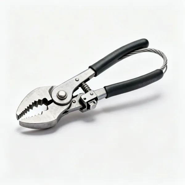 A pair of hose clip pliers with notched jaws, flexible cable and locking ratchet