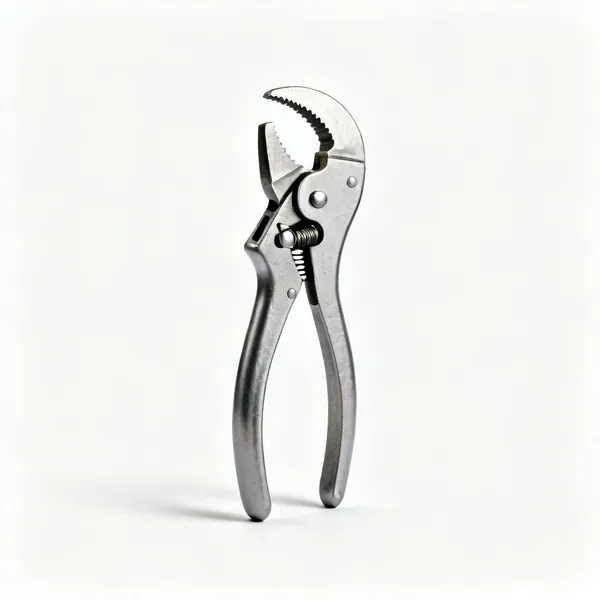 Locking pliers: A pair of locking mole grip pliers with a curved serrated jaw and adjusting screw in the handle
