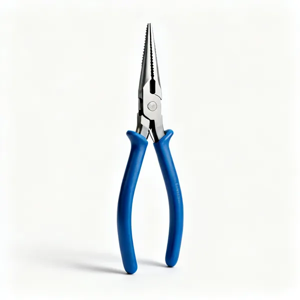 A pair of long nose pliers with slim tapering serrated jaws and blue insulated handles