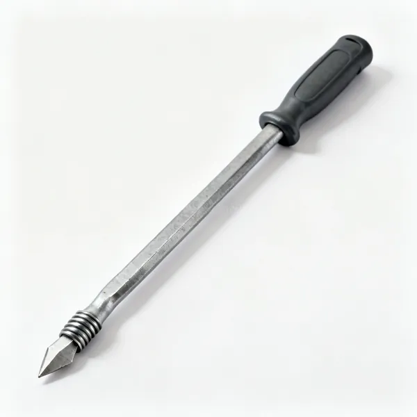 A steel pry bar with a rolled chisel tip and a moulded grip handle