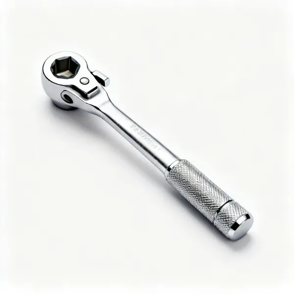 A chrome ratchet handle with a knurled grip, reversing lever and square drive head