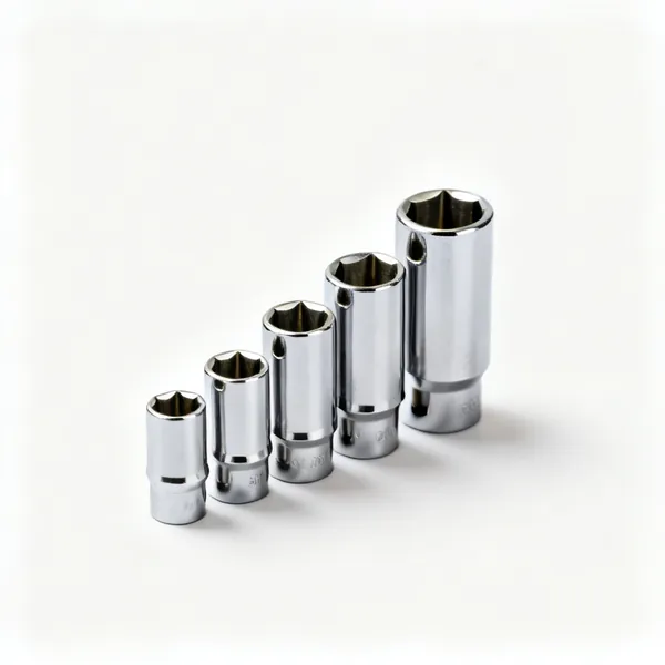 A set of chrome six point sockets of graduated sizes standing upright in a row