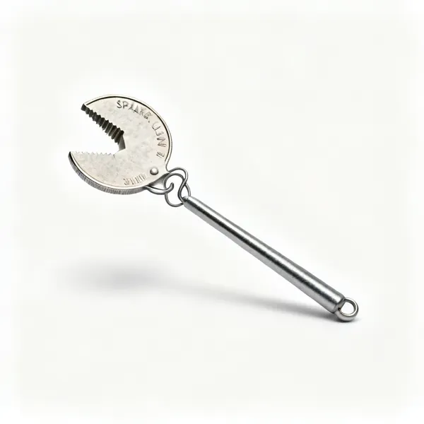A spark plug gap tool, a round coin shaped steel gauge with a tapered edge and wire loops