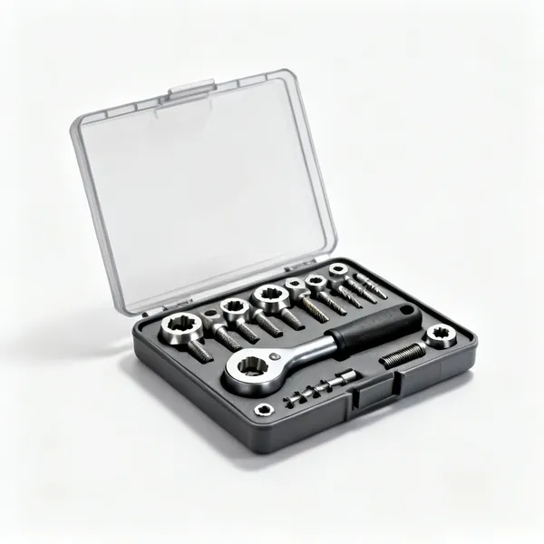 A tap and die set with taps, split dies and a tap wrench arranged in a case