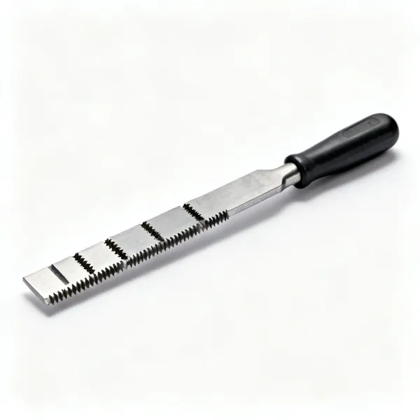 Thread restorer file: A thread restoring file, a steel bar with different thread pitch profiles cut along each edge