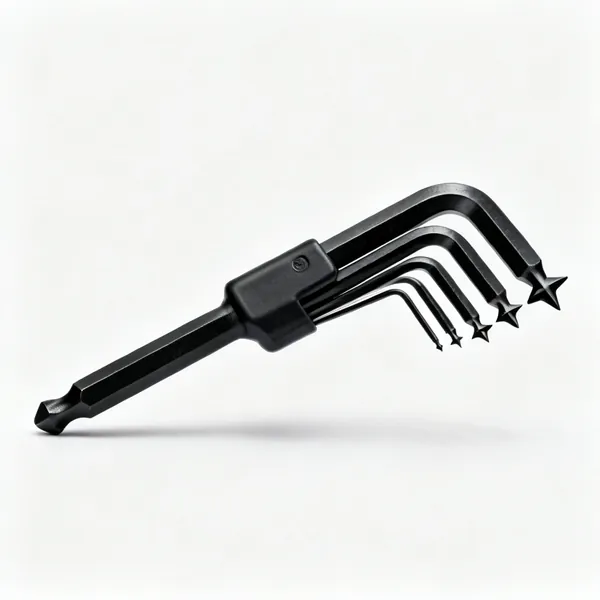 Torx key set: A set of black torx star keys of graduated sizes fanned out in a row