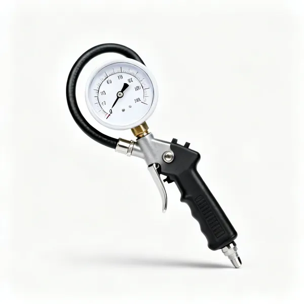 A dial tyre pressure gauge with a round white face, flexible hose and chuck fitting