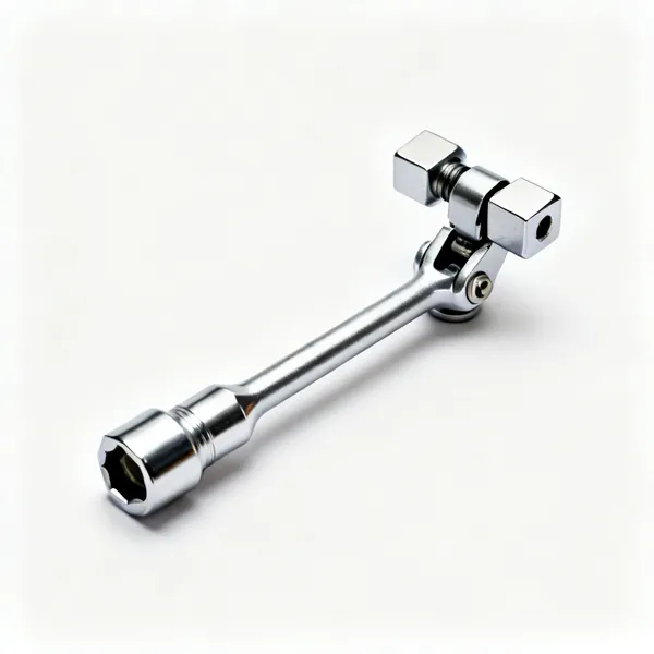 A chrome socket universal joint with a hinged double pivot and square drive ends