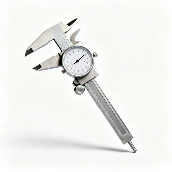 A stainless steel vernier caliper with a dial gauge, outside jaws and depth rod