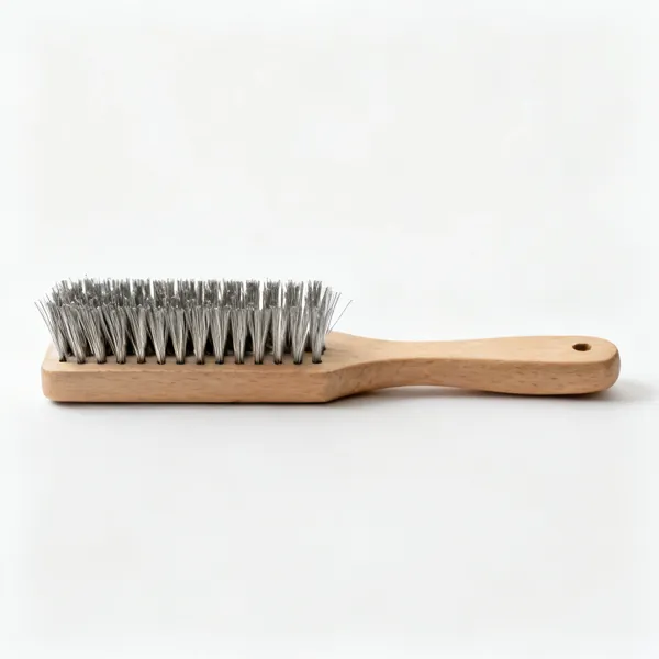 A hand wire brush with rows of stiff steel bristles and a wooden handle
