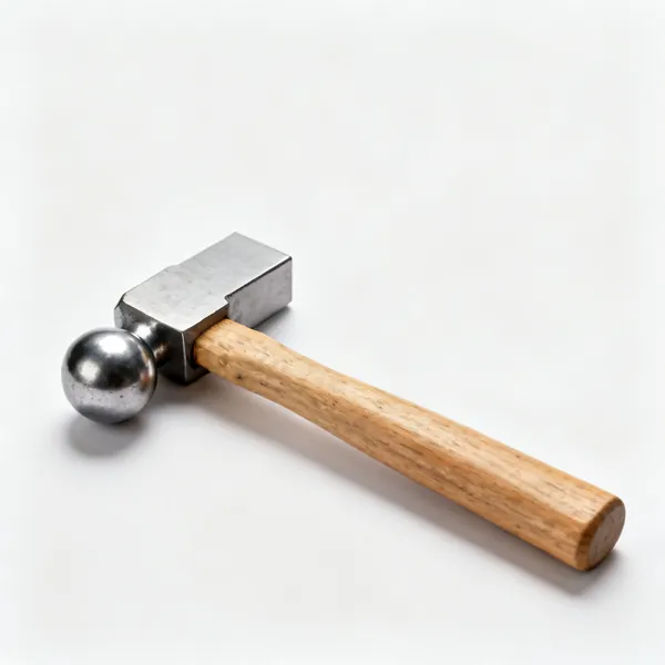A ball pein hammer with a steel head, one flat face and one rounded pein, and a wooden handle