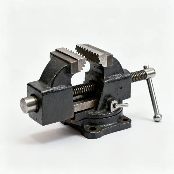 Engineer's vice: A heavy cast iron engineers bench vice with serrated steel jaws and a long screw handle