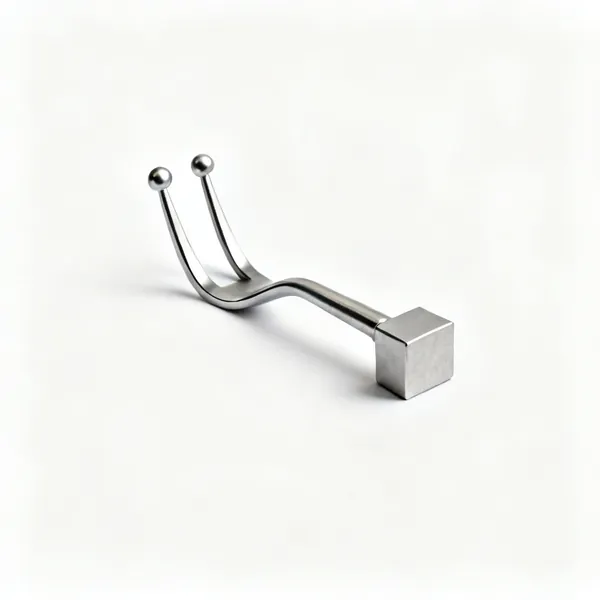 A steel bending fork with two upright round prongs on a square shank