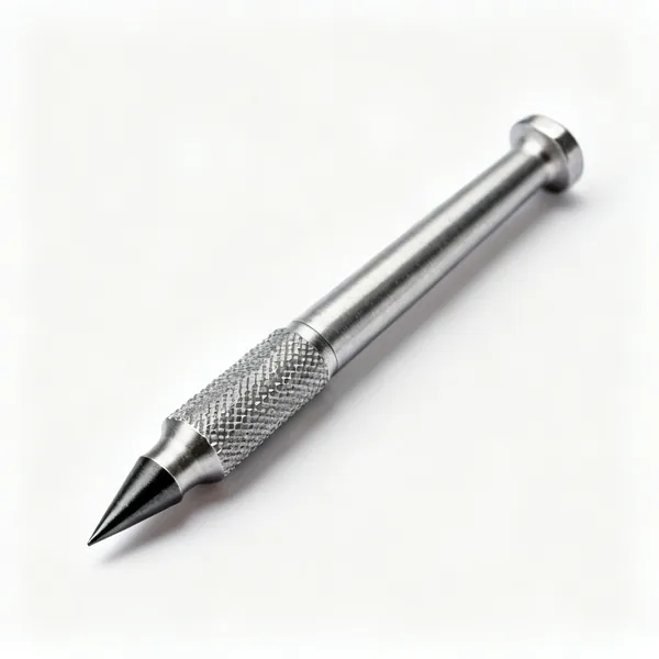 A steel centre punch with a knurled body and a sharp conical hardened tip