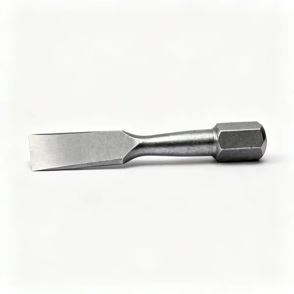 A steel cold chisel with a wide flat cutting edge and a hexagonal struck body