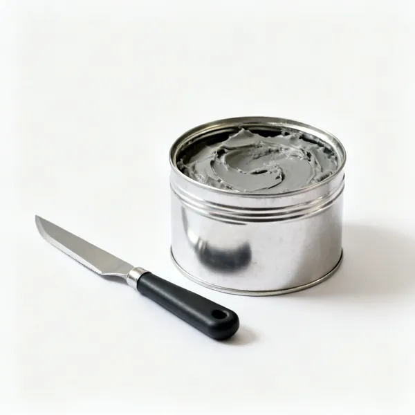 Cutting fluid: A tin of thick metal cutting paste with the lid removed beside it